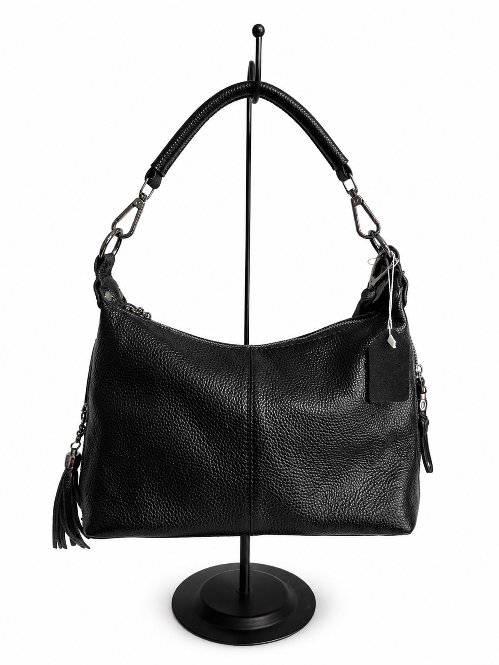 Women's Black Pebble Leather Shoulder Bag with Tassel Accent